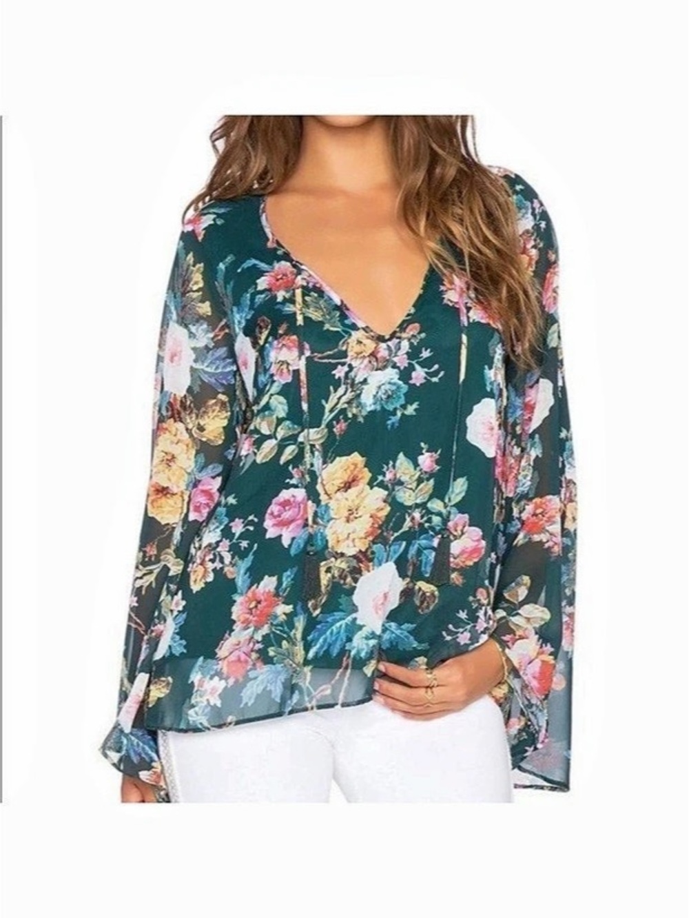 NWT Show Me Your Mumu Bardot Tassel Top Floral Chiffon Blouse Size XS